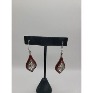 Vintage Red Enamel Filigree Rose Dangle Earrings Pierced Silver Tone Boho Leaf